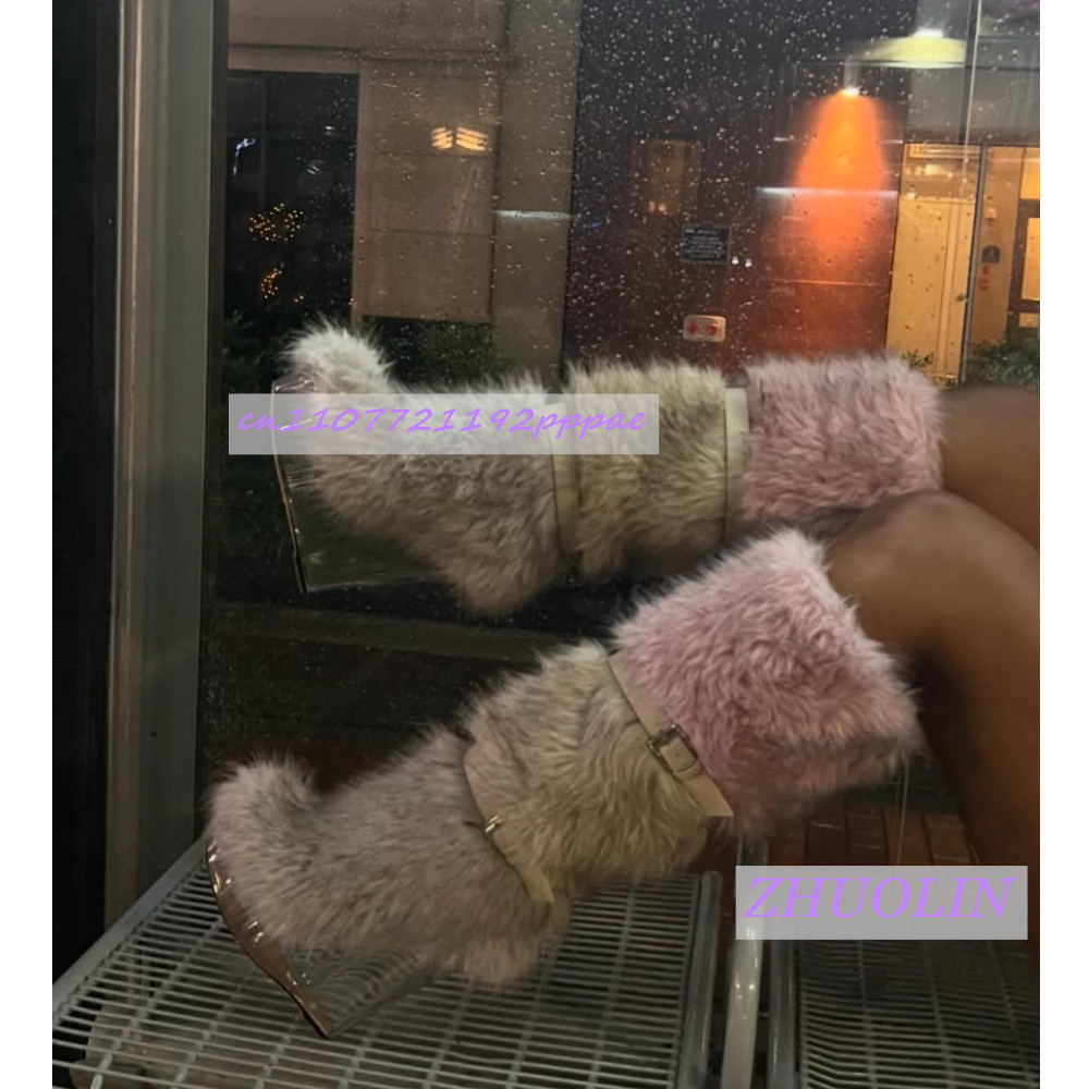 Leather Classic Strap - Inverno gradiente peludo transparente cunha botas